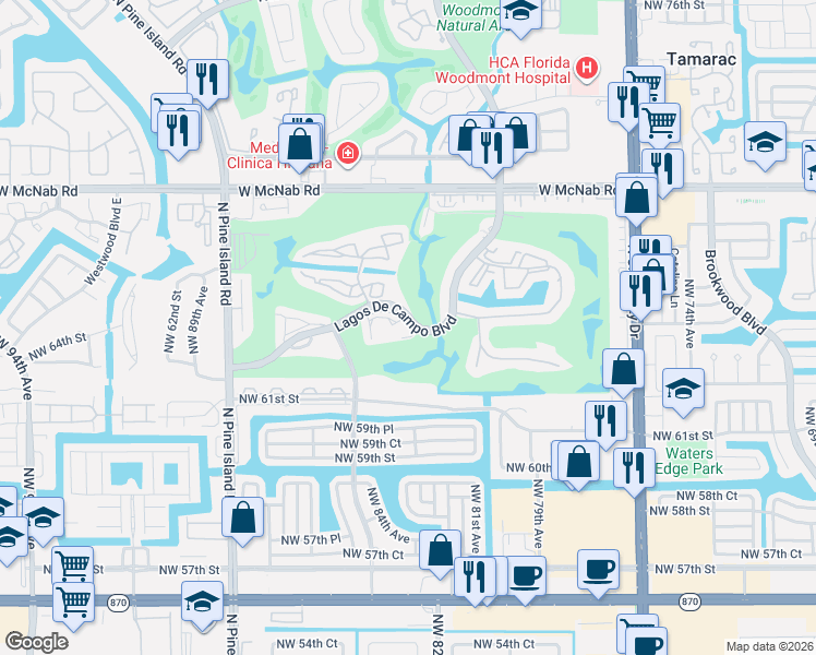 map of restaurants, bars, coffee shops, grocery stores, and more near 8856 West McNab Road in Tamarac