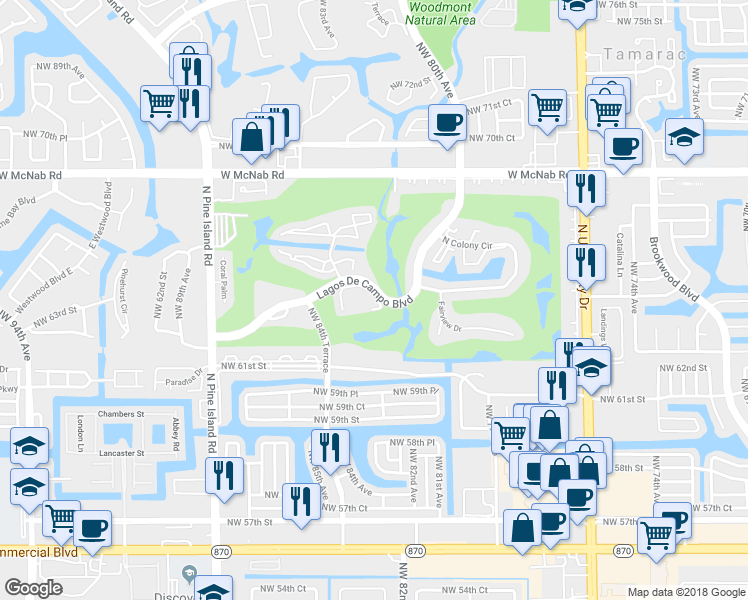 map of restaurants, bars, coffee shops, grocery stores, and more near 8856 West McNab Road in Tamarac