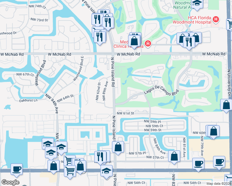 map of restaurants, bars, coffee shops, grocery stores, and more near 6712 North Pine Island Road in Tamarac