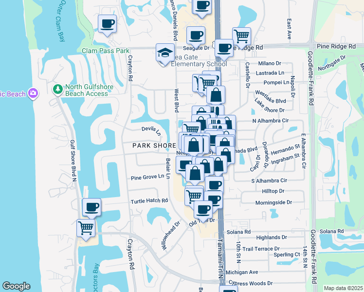 map of restaurants, bars, coffee shops, grocery stores, and more near 4651 West Boulevard in Naples
