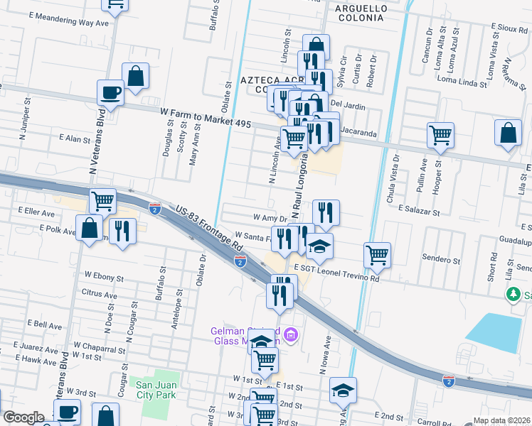map of restaurants, bars, coffee shops, grocery stores, and more near 206 West Amy Drive in San Juan