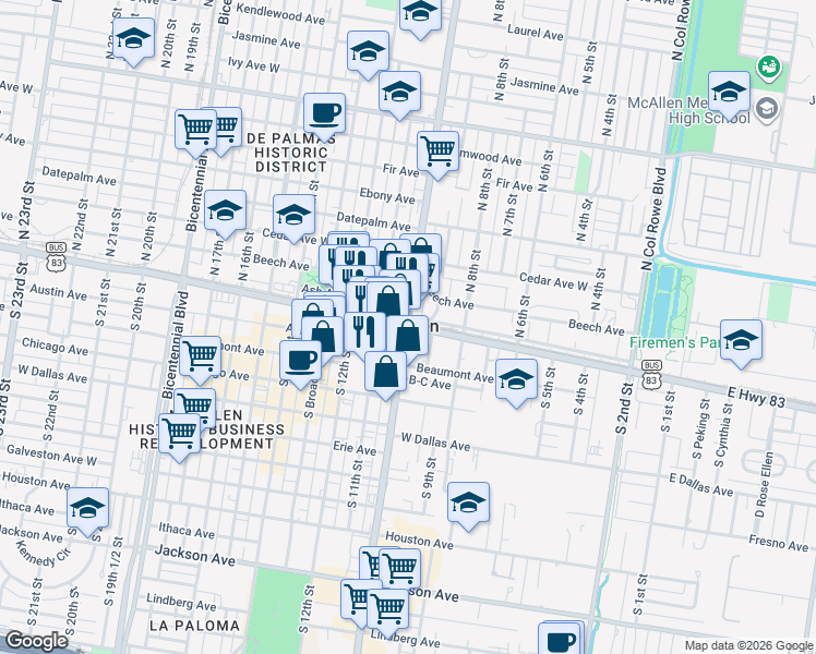 map of restaurants, bars, coffee shops, grocery stores, and more near 301 Texas 336 in McAllen