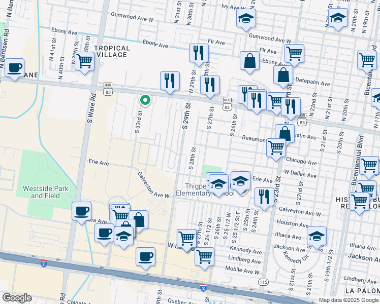map of restaurants, bars, coffee shops, grocery stores, and more near 309 South 28th Street in McAllen