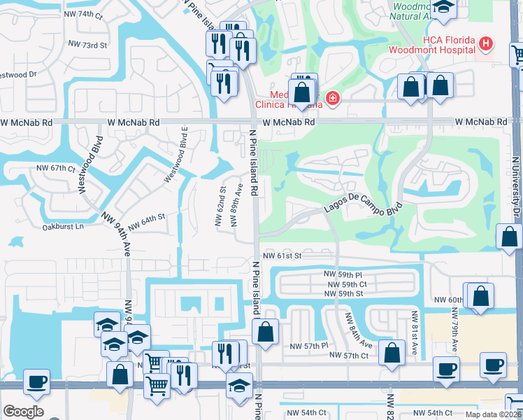 map of restaurants, bars, coffee shops, grocery stores, and more near 6712 North Pine Island Road in Tamarac