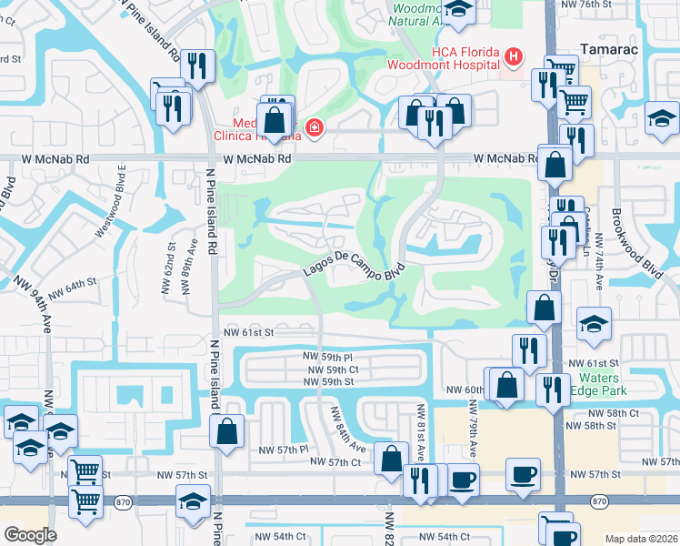 map of restaurants, bars, coffee shops, grocery stores, and more near 8390 Lagos De Campo Boulevard in Tamarac