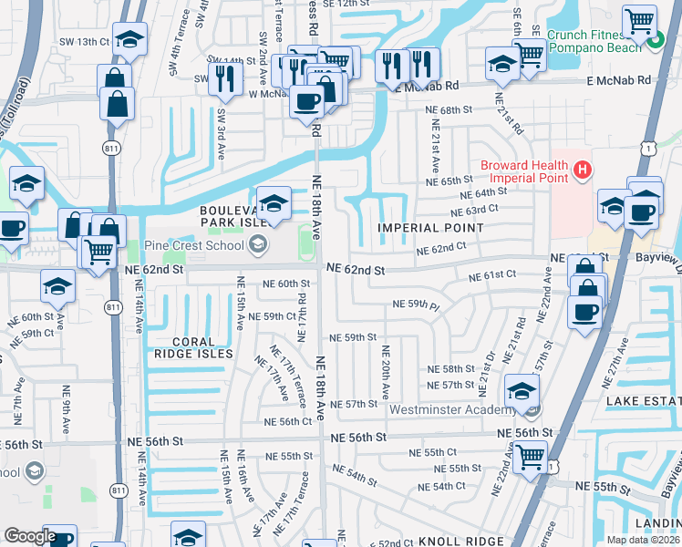 map of restaurants, bars, coffee shops, grocery stores, and more near 6020 Northeast 18th Terrace in Fort Lauderdale