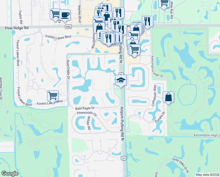 map of restaurants, bars, coffee shops, grocery stores, and more near Clubhouse Drive in Naples