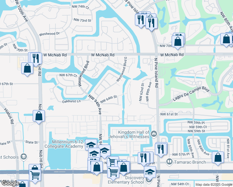 map of restaurants, bars, coffee shops, grocery stores, and more near 9239 Wedgewood Way in Tamarac