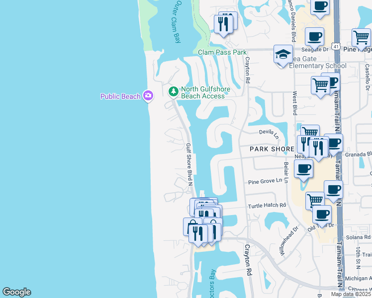 map of restaurants, bars, coffee shops, grocery stores, and more near 35 Villa Mare Lane in Naples