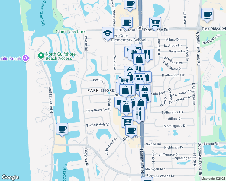 map of restaurants, bars, coffee shops, grocery stores, and more near 4651 West Boulevard in Naples