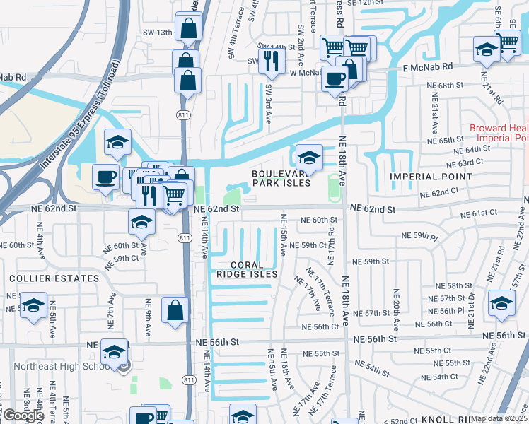 map of restaurants, bars, coffee shops, grocery stores, and more near 1472 Northeast 62nd Street in Fort Lauderdale