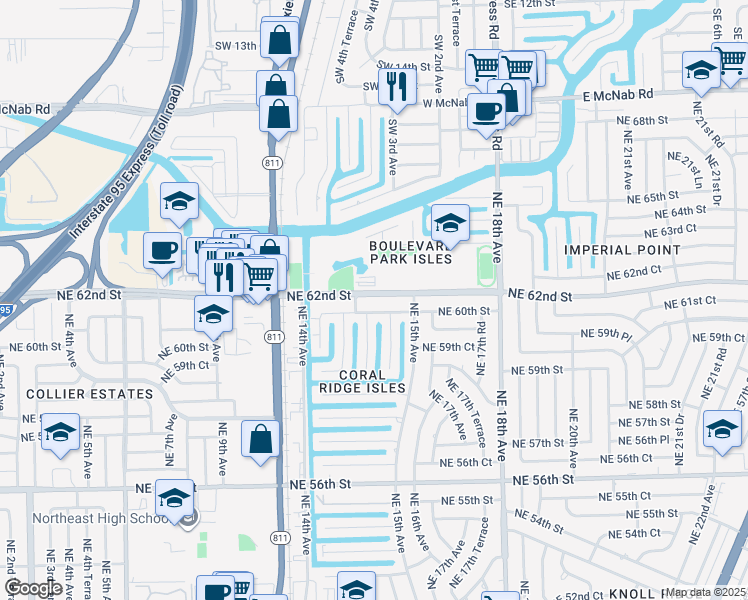map of restaurants, bars, coffee shops, grocery stores, and more near 1454 Northeast 62nd Street in Fort Lauderdale