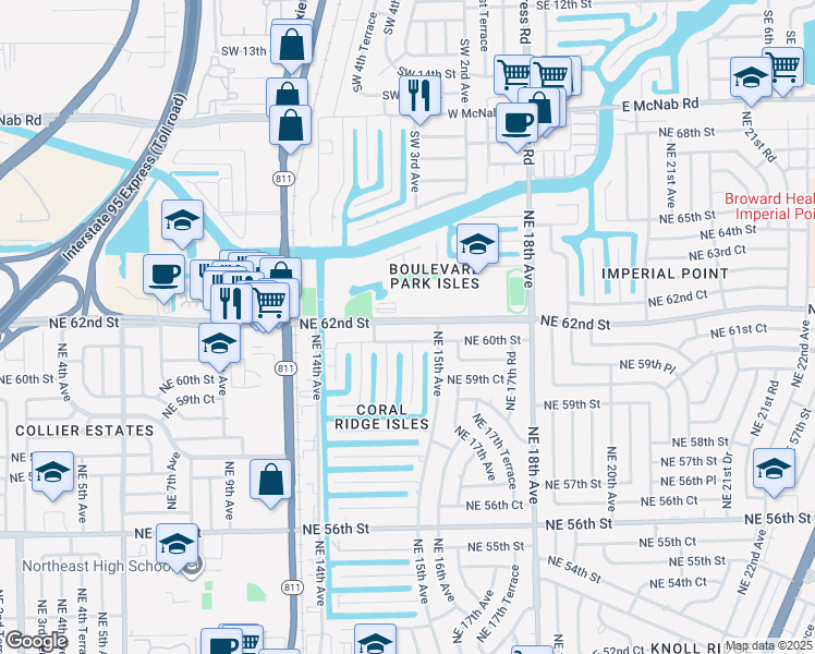 map of restaurants, bars, coffee shops, grocery stores, and more near 1454 Northeast 62nd Street in Fort Lauderdale