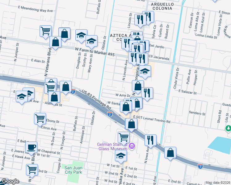 map of restaurants, bars, coffee shops, grocery stores, and more near 206 West Amy Drive in San Juan