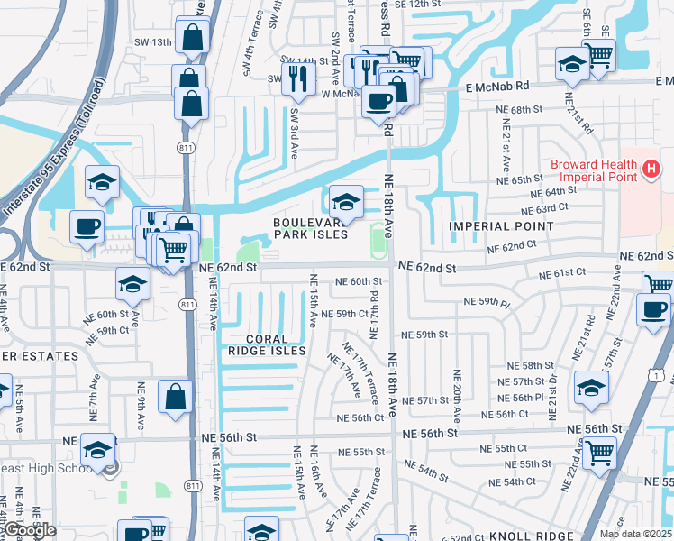 map of restaurants, bars, coffee shops, grocery stores, and more near 1538 Northeast 62nd Street in Fort Lauderdale
