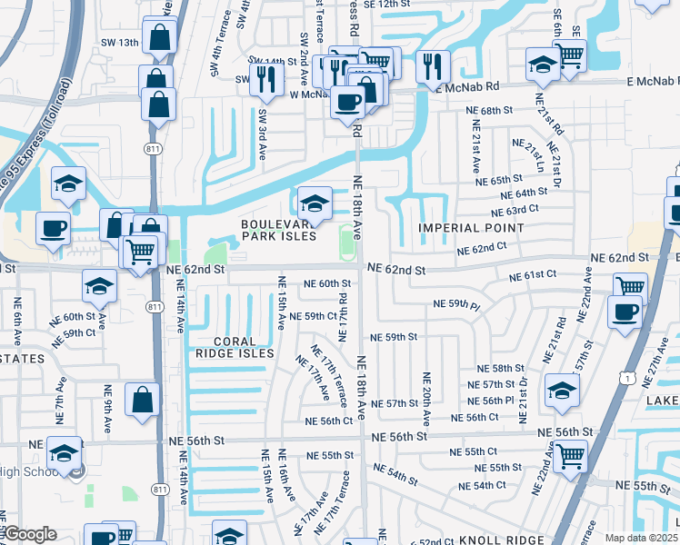 map of restaurants, bars, coffee shops, grocery stores, and more near 1700 Northeast 62nd Street in Fort Lauderdale