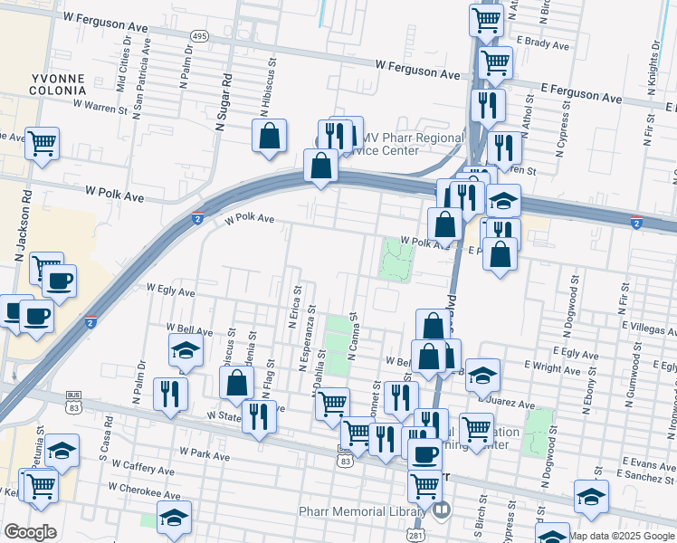 map of restaurants, bars, coffee shops, grocery stores, and more near 498 West Audrey Street in Pharr