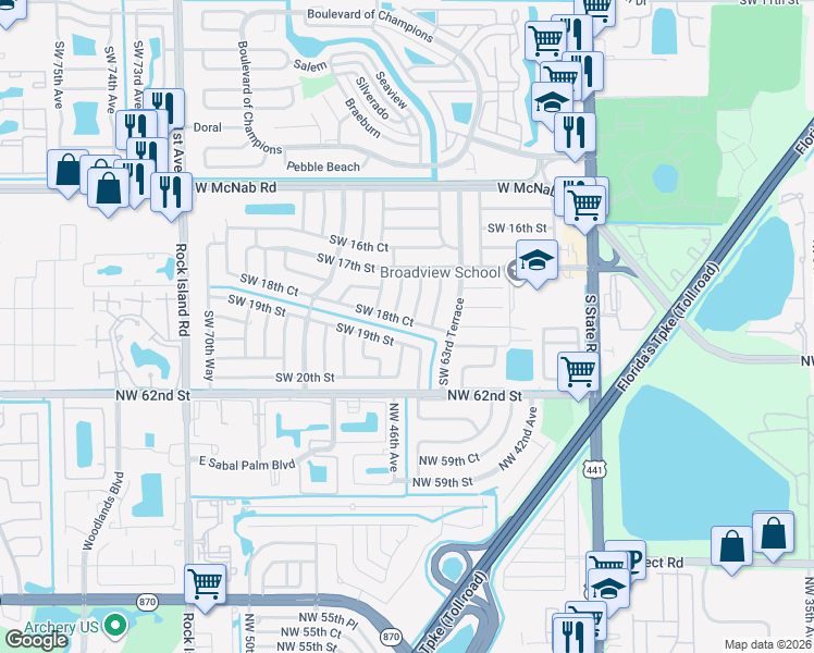 map of restaurants, bars, coffee shops, grocery stores, and more near 6420 Southwest 18th Court in Pompano Beach