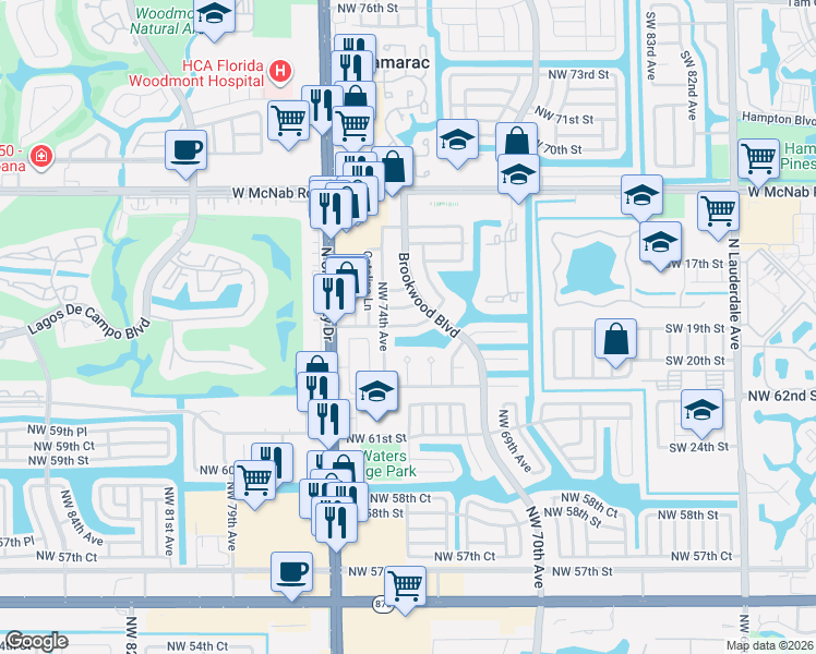 map of restaurants, bars, coffee shops, grocery stores, and more near 7202 Northwest 64th Street in Tamarac