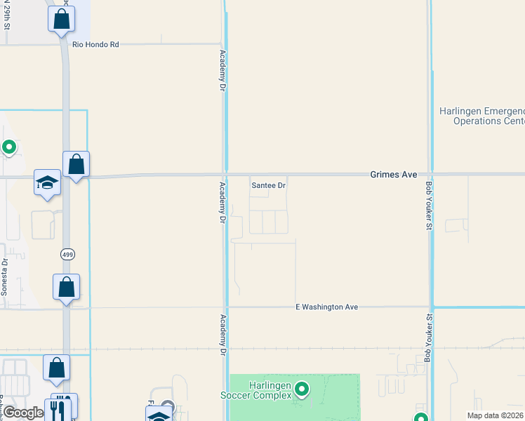 map of restaurants, bars, coffee shops, grocery stores, and more near 4306 Santee in Harlingen