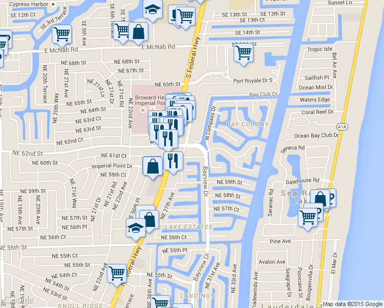 map of restaurants, bars, coffee shops, grocery stores, and more near 2815 Northeast 60th Street in Fort Lauderdale