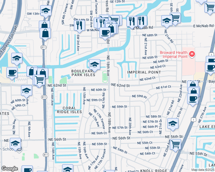 map of restaurants, bars, coffee shops, grocery stores, and more near 6021 Northeast 18th Terrace in Fort Lauderdale