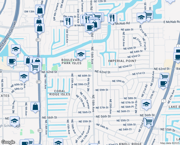 map of restaurants, bars, coffee shops, grocery stores, and more near 1700 Northeast 62nd Street in Fort Lauderdale