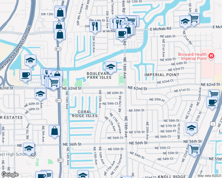 map of restaurants, bars, coffee shops, grocery stores, and more near 1538 Northeast 62nd Street in Fort Lauderdale