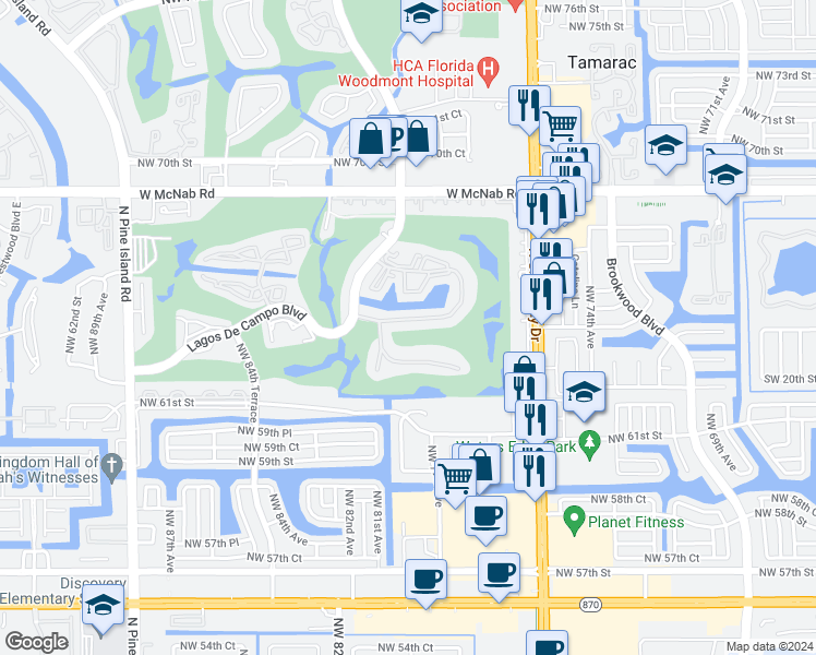 map of restaurants, bars, coffee shops, grocery stores, and more near 8000 Fairview Drive in Tamarac