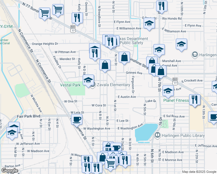 map of restaurants, bars, coffee shops, grocery stores, and more near 1112 North A Street in Harlingen