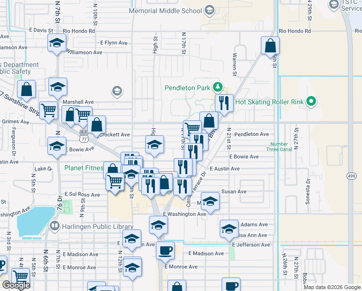 map of restaurants, bars, coffee shops, grocery stores, and more near 1609 East Bowie Avenue in Harlingen
