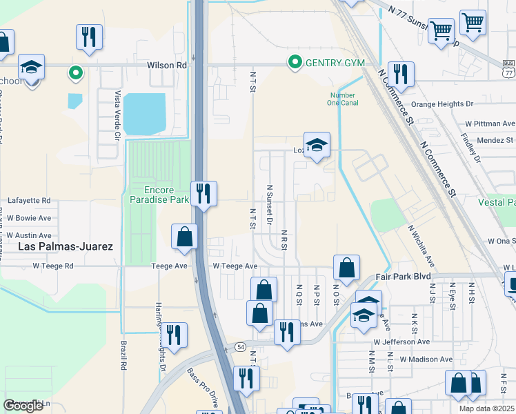 map of restaurants, bars, coffee shops, grocery stores, and more near 1126 North T Street in Harlingen
