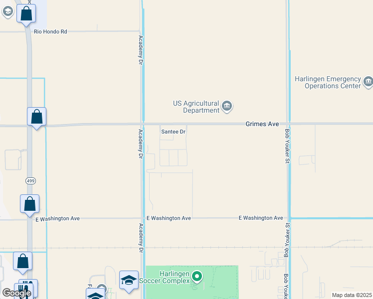 map of restaurants, bars, coffee shops, grocery stores, and more near 3905 East Grimes Street in Harlingen