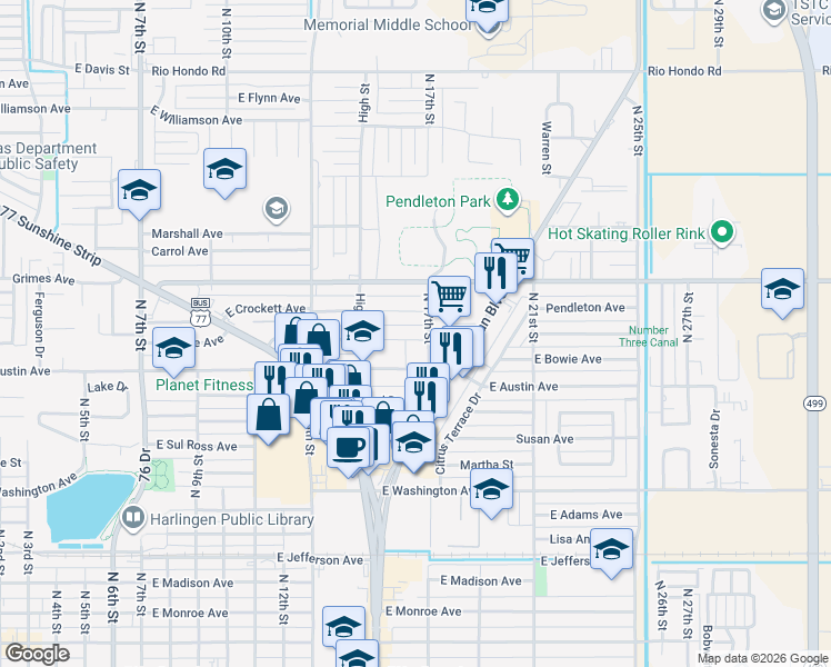 map of restaurants, bars, coffee shops, grocery stores, and more near 1609 East Bowie Avenue in Harlingen
