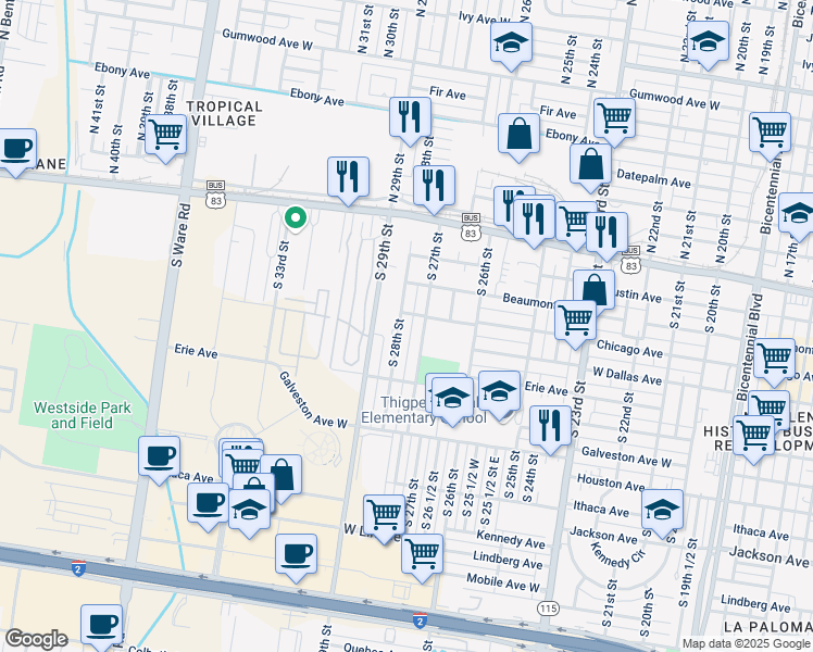 map of restaurants, bars, coffee shops, grocery stores, and more near 309 South 28th Street in McAllen