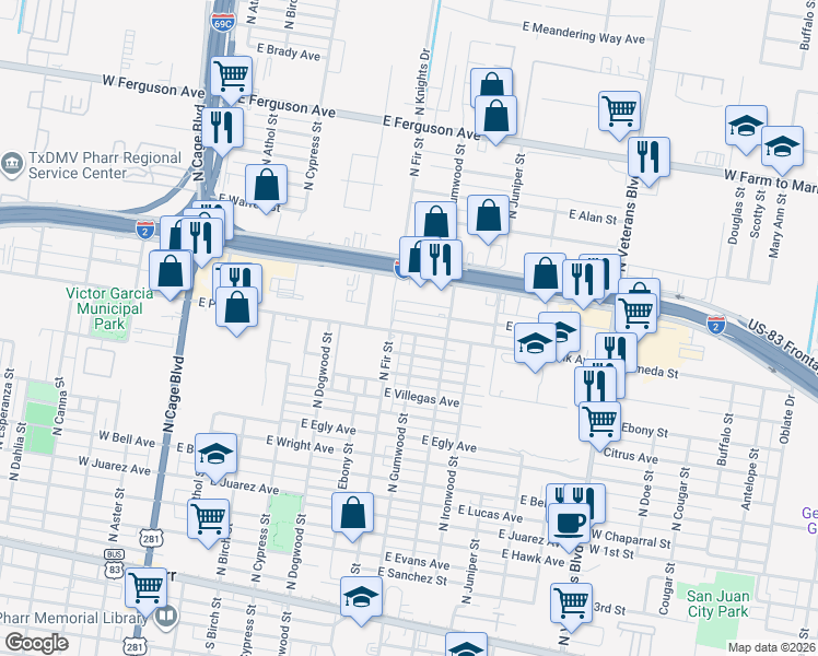 map of restaurants, bars, coffee shops, grocery stores, and more near 707 E Polk Ave in Pharr