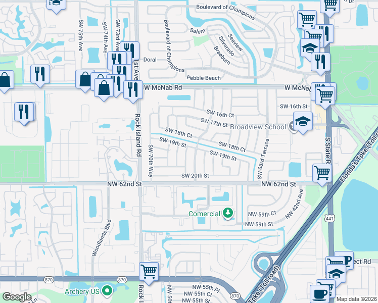 map of restaurants, bars, coffee shops, grocery stores, and more near 1903 Southwest 68th Avenue in North Lauderdale