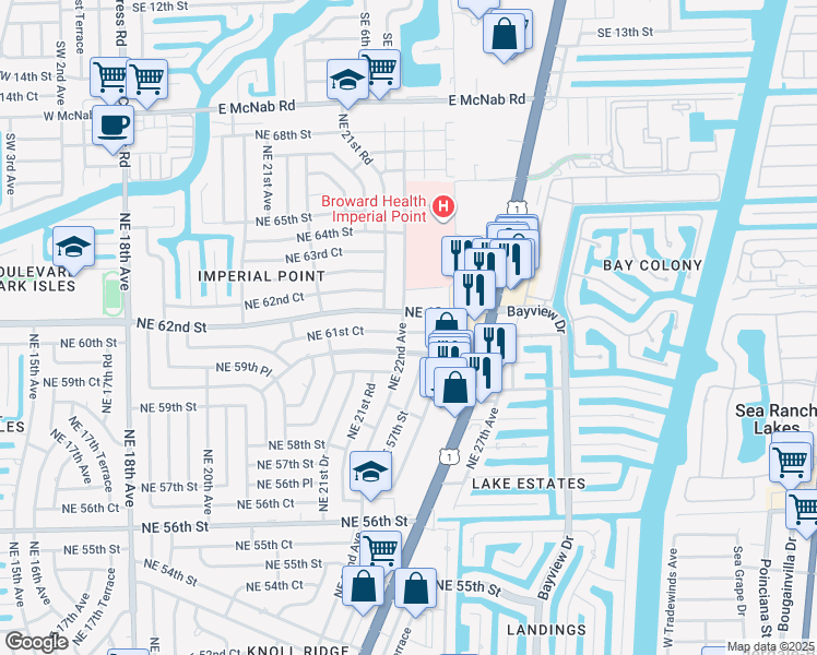 map of restaurants, bars, coffee shops, grocery stores, and more near 2201 Northeast 61st Court in Fort Lauderdale