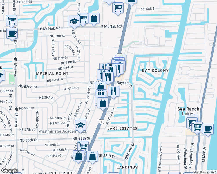 map of restaurants, bars, coffee shops, grocery stores, and more near 6181 North Federal Highway in Fort Lauderdale