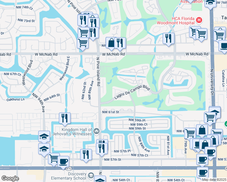 map of restaurants, bars, coffee shops, grocery stores, and more near 8421 Lagos De Campo Boulevard in Tamarac