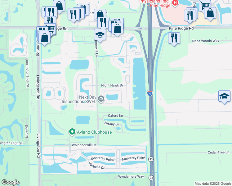 map of restaurants, bars, coffee shops, grocery stores, and more near 1420 Mariposa Circle in Naples