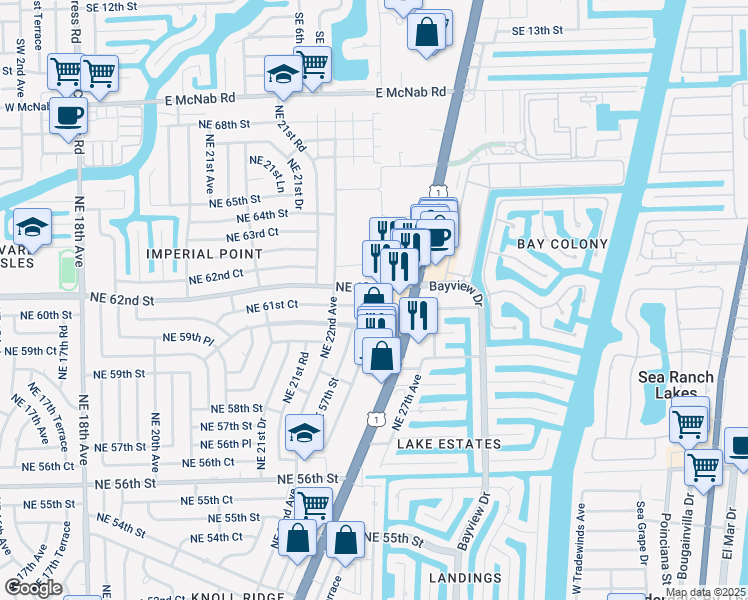 map of restaurants, bars, coffee shops, grocery stores, and more near 2271 Northeast 61st Court in Fort Lauderdale