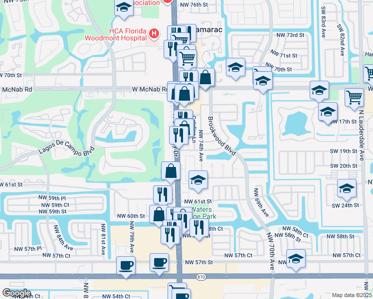 map of restaurants, bars, coffee shops, grocery stores, and more near 7511 Northwest 64th Street in Tamarac