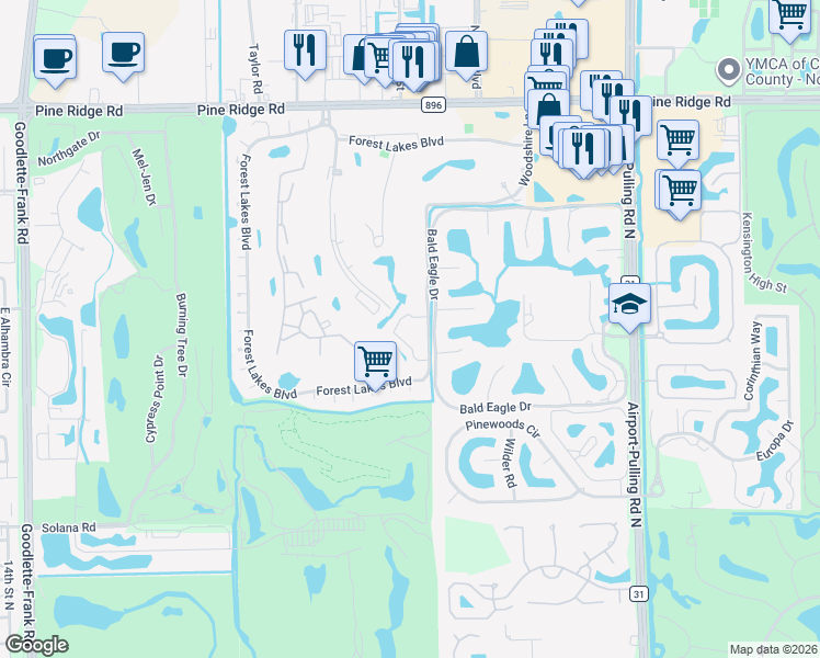 map of restaurants, bars, coffee shops, grocery stores, and more near 1044 Woodshire Lane in Naples