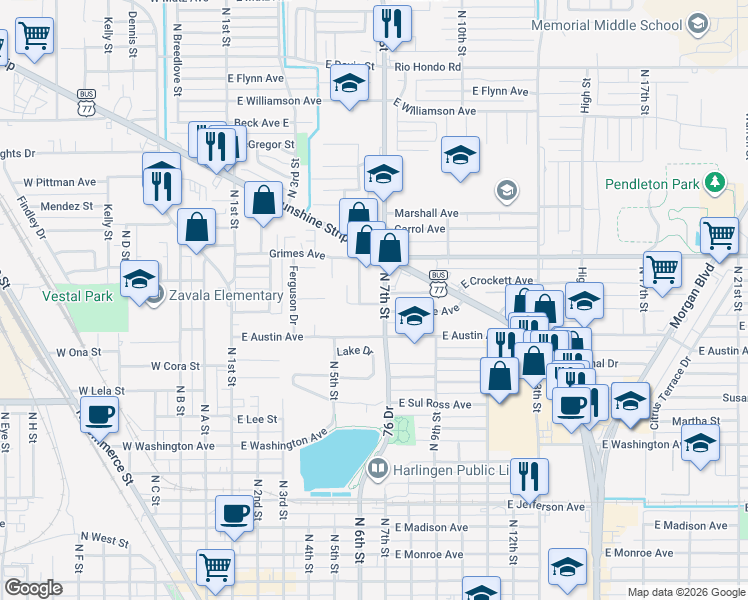 map of restaurants, bars, coffee shops, grocery stores, and more near 701 East Bowie Avenue in Harlingen