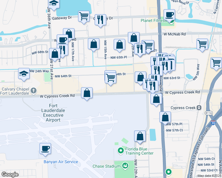 map of restaurants, bars, coffee shops, grocery stores, and more near 1441 West Cypress Creek Road in Fort Lauderdale