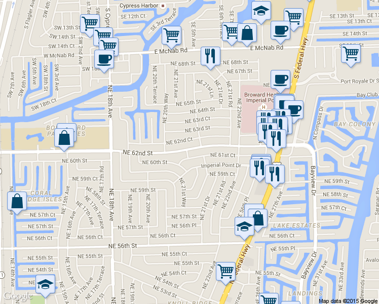 map of restaurants, bars, coffee shops, grocery stores, and more near 2124 Northeast 62nd Street in Fort Lauderdale