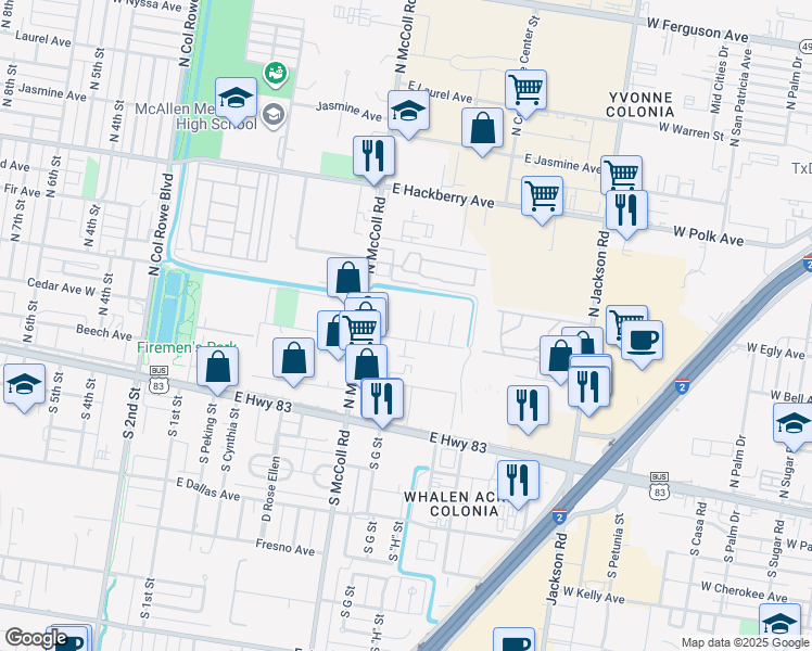 map of restaurants, bars, coffee shops, grocery stores, and more near 801 East Cedar Avenue in McAllen