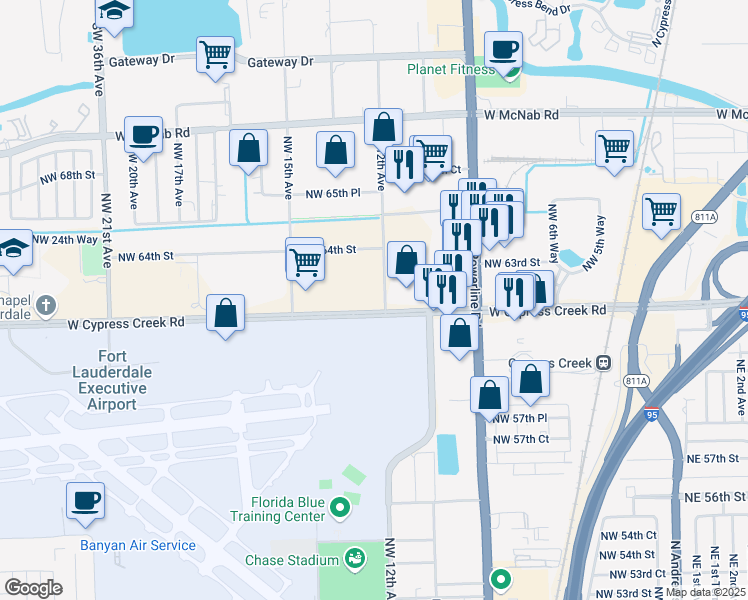 map of restaurants, bars, coffee shops, grocery stores, and more near 1201 West Cypress Creek Road in Fort Lauderdale