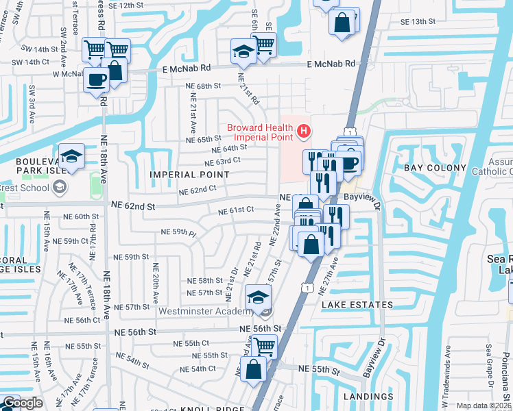 map of restaurants, bars, coffee shops, grocery stores, and more near 2177 Northeast 61st Court in Fort Lauderdale